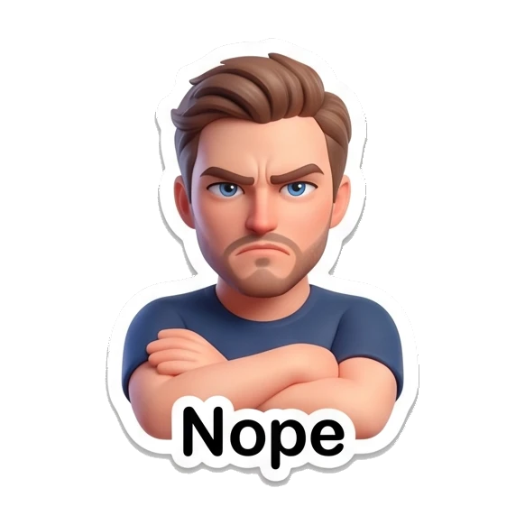 Young man with arms crossed looking stern and 'Nope' text. Modern Guy Daily Expressions sticker for expressive chats and social replies.