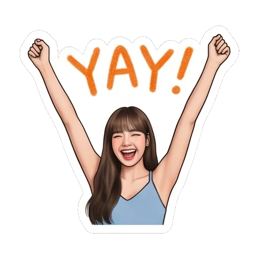 Young woman cheering with arms raised and YAY text. Lisa Daily Vibes sticker for expressive chats and social replies.