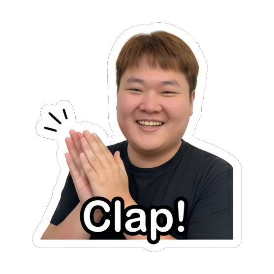 Man with glasses clapping hands and text Clap! Daily Life of a Friendly Guy sticker for expressive chats and social replies.