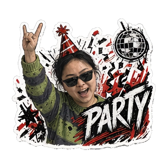 年轻女性戴墨镜戴派对帽，表情狂欢，文字PARTY Punk Girl Daily Vibes sticker for expressive chats and social replies.