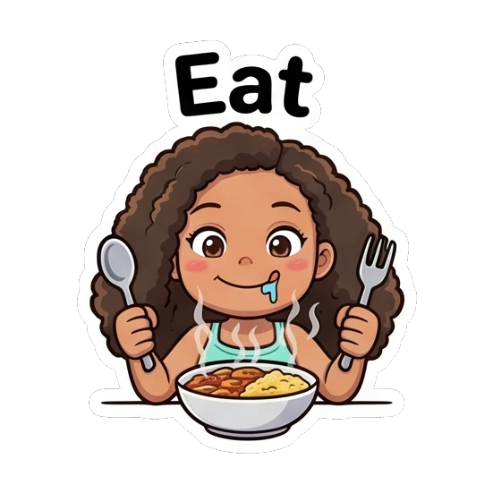 卷发女孩拿着餐具吃东西，流口水 Curly Haired Girl Expressions sticker for expressive chats and social replies.