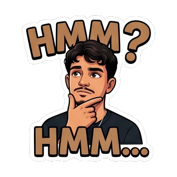 Thoughtful young man with 'HMM...' text. Cool Guy Daily Vibes sticker for expressive chats and social replies.