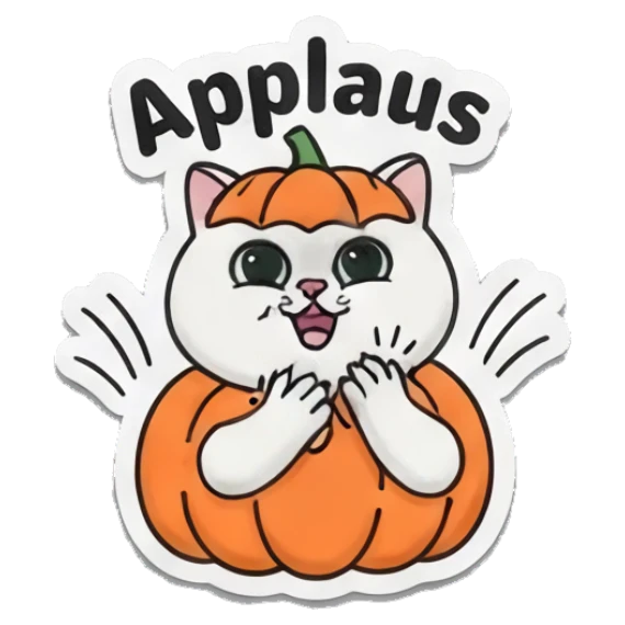 White cat inside a pumpkin smiling, Applaus Spooky Cute Cat Halloween Vibes sticker for expressive chats and social replies.