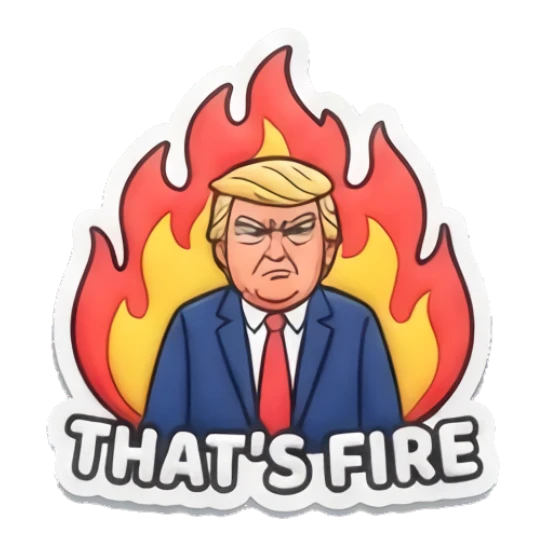Trump looking intense with fire background, text THAT'S FIRE “DUMP TRUMP!” sticker for expressive chats and social replies.