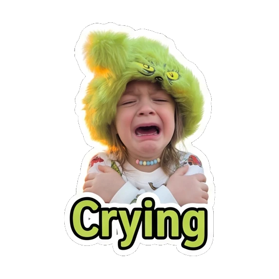 Child in green hat crying with hands on chest with text Crying Grinchy Kid Moods sticker for expressive chats and social replies.