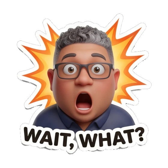 Man with glasses looking shocked with text WAIT, WHAT? Office Guy Expressions sticker for expressive chats and social replies.