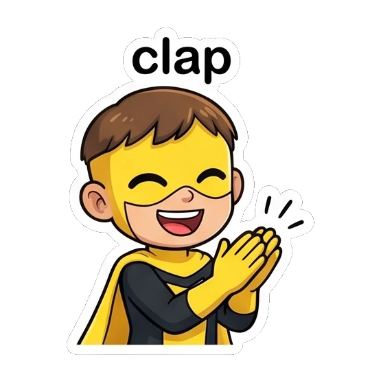Superhero boy clapping hands with a cheerful expression. Yellow Hero Adventures sticker for expressive chats and social replies.