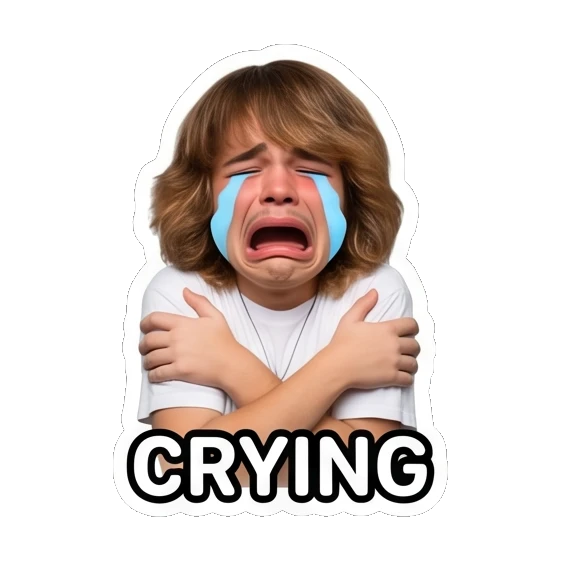 Teen boy crying loudly with crossed arms, text CRYING Teen Boy Daily Vibes sticker for expressive chats and social replies.