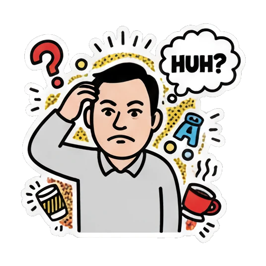 Man scratching head, puzzled, text HUH? Cheerful Office Guy sticker for expressive chats and social replies.