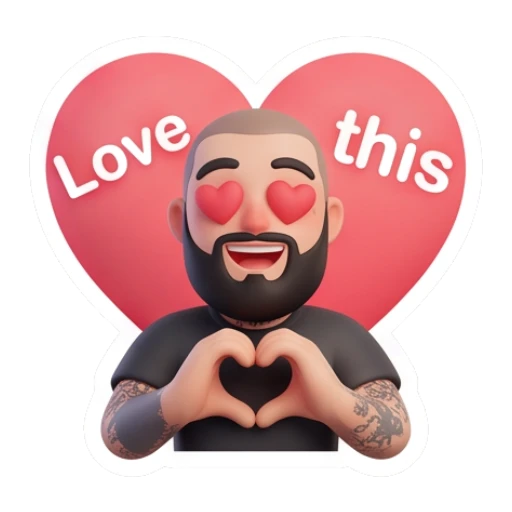 Bearded man making a heart shape with hands, text Love this Bearded Guy Daily Moods sticker for expressive chats and social replies.