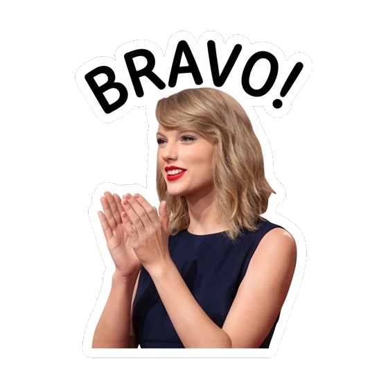 Taylor Swift clapping hands, smiling, text BRAVO! Taylor Swift Iconic Expressions sticker for expressive chats and social replies.