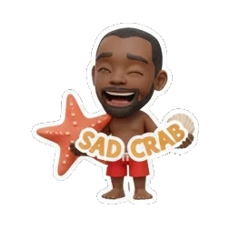 Man winking while holding a starfish, text SAD CRAB! Summer Beach Vibes sticker for expressive chats and social replies.