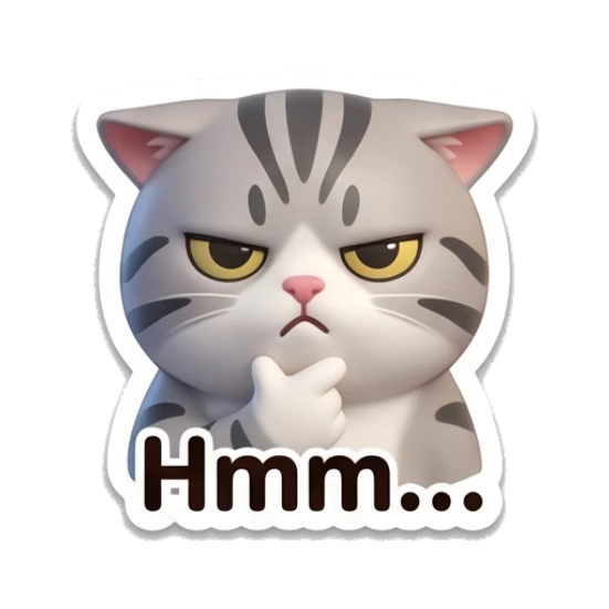 Thinking grey cat with paw on chin and text Hmm Cute Grey Tabby Daily sticker for expressive chats and social replies.