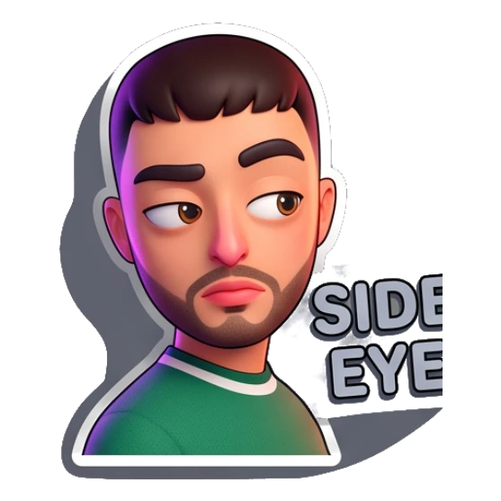 Guy giving a suspicious side eye with Side Eye text Cheerful Guy Daily Vibes sticker for expressive chats and social replies.