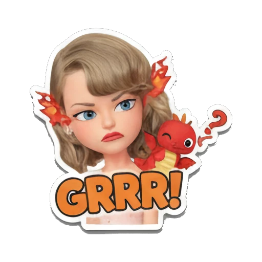 Blonde girl looking angry with fire, GRRR! text. Taylor Style 3D Adventures sticker for expressive chats and social replies.