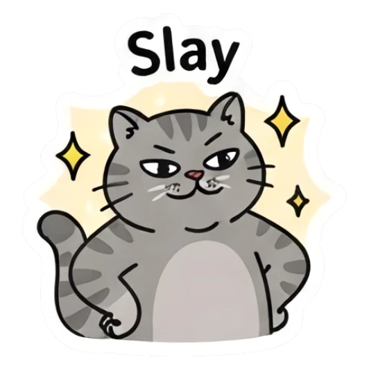 Grey cat looking confident with sparkles and text Slay Grumpy Grey Cat Daily sticker for expressive chats and social replies.