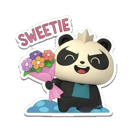 Panda holding a flower bouquet with 'SWEETIE' text. Cosmic Panda Adventures sticker for expressive chats and social replies.