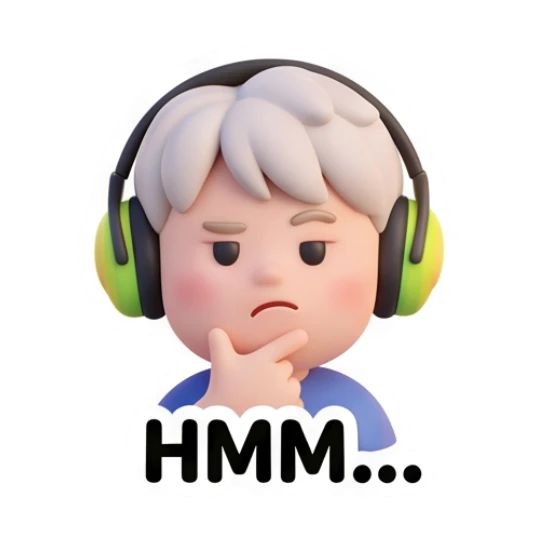 Thoughtful boy resting chin on hand saying Hmm Gamer Boy Daily Life sticker for expressive chats and social replies.