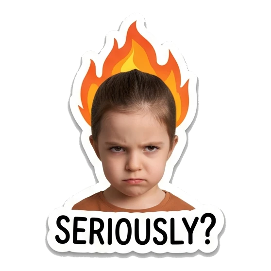 Young girl looking angry with a fire effect above her head. Little Girl Daily Expressions sticker for expressive chats and social replies.