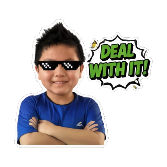 Young boy wearing pixel sunglasses with 'DEAL WITH IT!' text Energetic Boy Daily Expressions sticker for expressive chats and social replies.