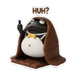 Confused chocolate frog wrapped in a blanket with HUH text Choco Froggy Adventures sticker for expressive chats and social replies.
