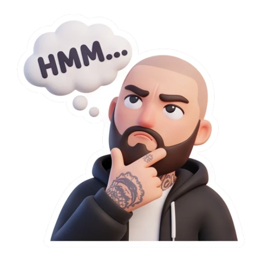 Bearded man thinking with hand on chin, text HMM... Bearded Guy Daily Vibes sticker for expressive chats and social replies.