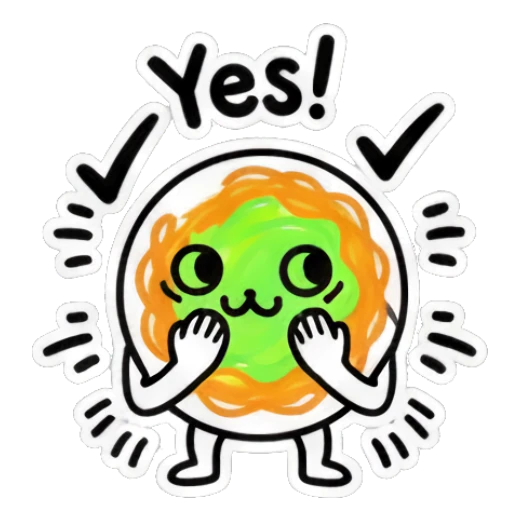 Spaghetti character looking happy with 'Yes!' text. Spaghetti Doodle Pals sticker for expressive chats and social replies.