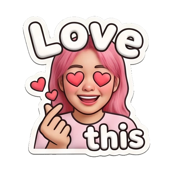 Loving girl with heart-shaped eyes making a finger heart gesture. Pink Hair Girl Daily Vibes sticker for expressive chats and social replies.