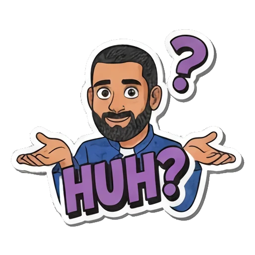 Huh? 耸肩，头顶问号，表示困惑 Bearded Guy's Cartoon Vibes sticker for expressive chats and social replies.