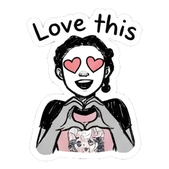 Girl making a heart shape with hands, loving expression, text 'Love this' Doodle Girl Expressions sticker for expressive chats and social replies.