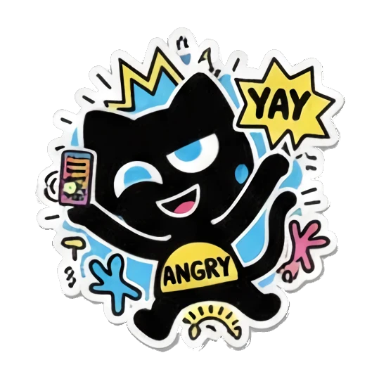 Black cat holding a phone, angry expression with YAY text. Keith Haring Style Black Cat sticker for expressive chats and social replies.