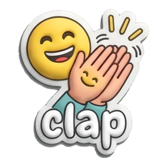 Man clapping hands with a smiley face icon and 'clap' text. Curly Beard Guy Daily Vibes sticker for expressive chats and social replies.
