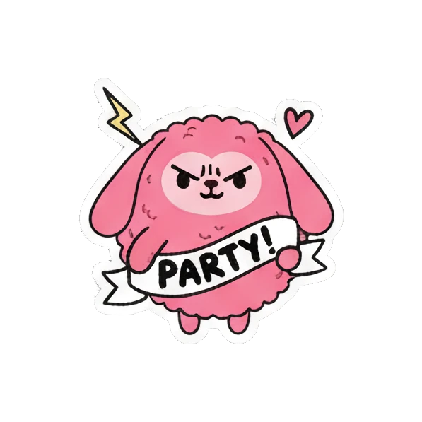 Pink creature looking grumpy with PARTY text and lightning Pink Fluffy Buddy sticker for expressive chats and social replies.