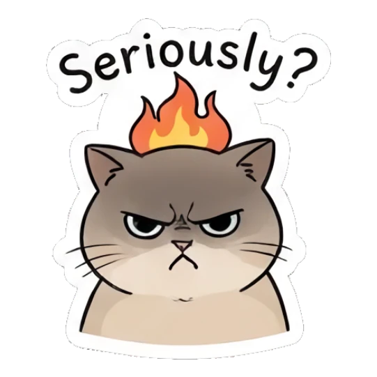 Angry cat with fire on head saying Seriously Chubby Cat Daily Moods sticker for expressive chats and social replies.