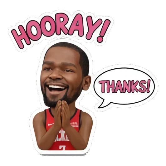 Basketball player with hands together saying HOORAY. Basketball Star Expressions sticker for expressive chats and social replies.