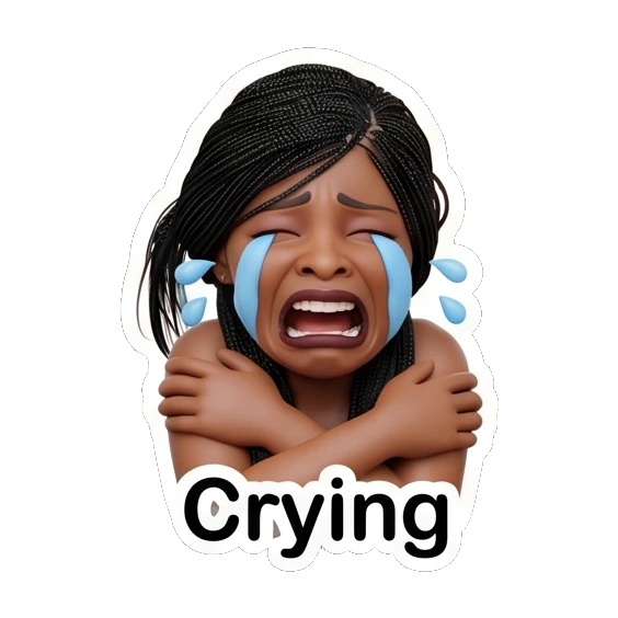 Woman crying with blue tears, arms crossed, text Crying Chic Afro-Textured Daily Expressions sticker for expressive chats and social replies.