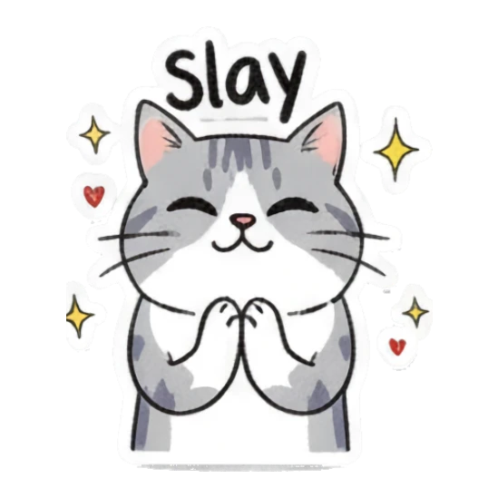 Confident gray cat posing with sparkles and text Slay Playful Gray Tabby Diary sticker for expressive chats and social replies.