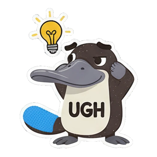 Annoyed platypus with lightbulb and UGH text Playful Platypus Pals sticker for expressive chats and social replies.