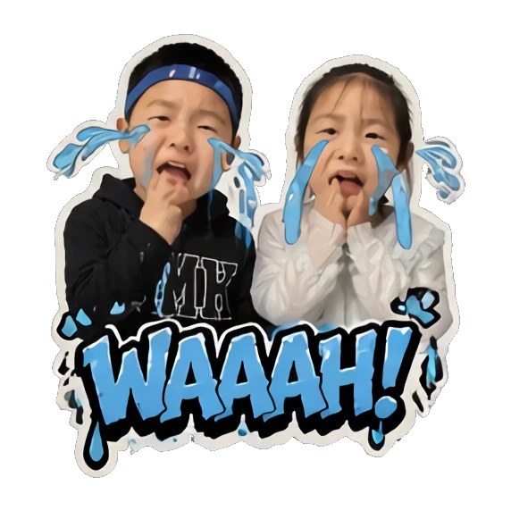 Boy and girl crying with blue tears and WAAAH text Hip-hop Kids Duo sticker for expressive chats and social replies.