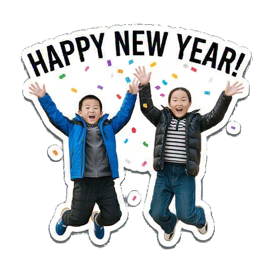 男孩女孩跳跃庆祝新年 New Year Kids Duo sticker for expressive chats and social replies.