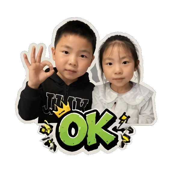 Boy and girl making OK hand sign with green OK text Hip-hop Kids Duo sticker for expressive chats and social replies.