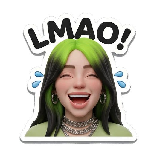 Billie character laughing with LMAO! text, hilarious Billie Eilish 3D Expressions sticker for expressive chats and social replies.