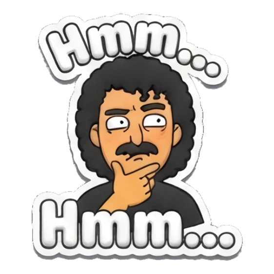 Man thinking with a finger on his chin and text Hmm... Curly Hair Guy Adventures sticker for expressive chats and social replies.