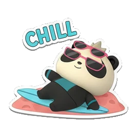 Panda surfing on a board with sunglasses and 'CHILL' text. Cosmic Panda Adventures sticker for expressive chats and social replies.