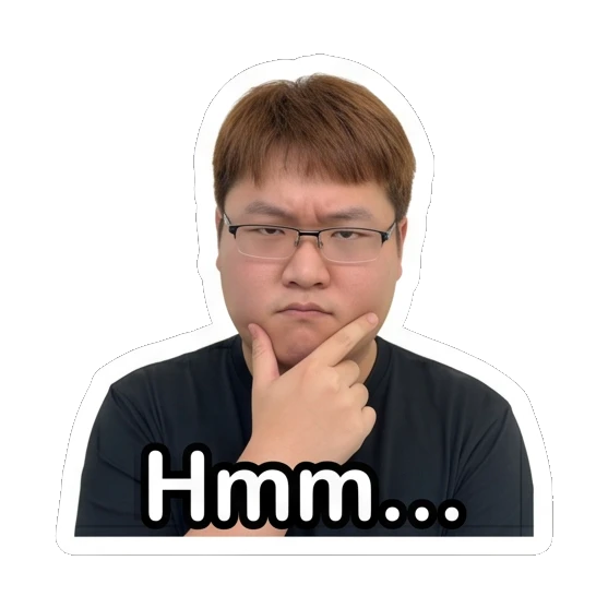 Man with glasses touching chin in deep thought and text Hmm... Daily Life of a Friendly Guy sticker for expressive chats and social replies.