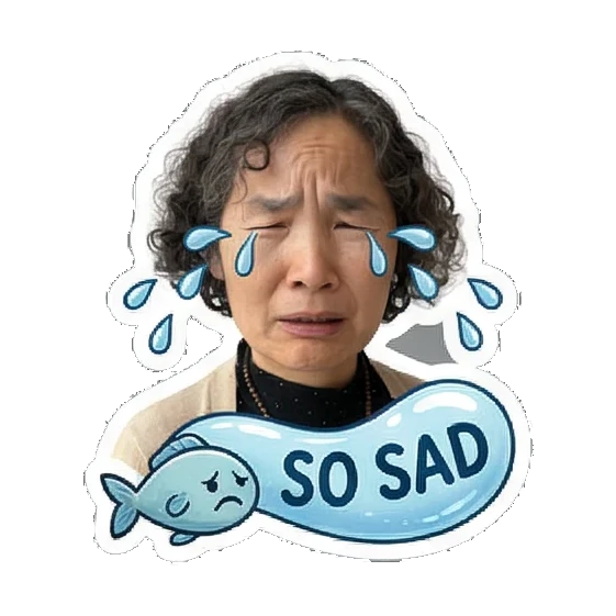 Mother crying with fish Cheerful Grandma Daily Life sticker for expressive chats and social replies.