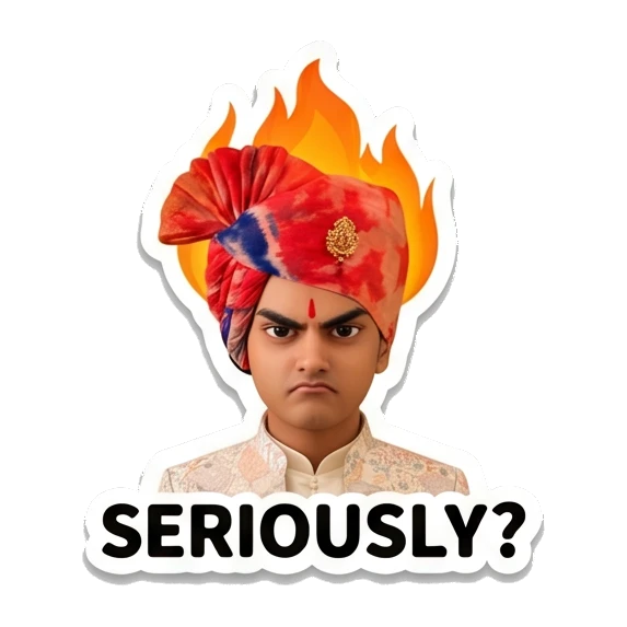 Young Indian boy looking angry with a fire effect above his head. Indian Prince Expressions sticker for expressive chats and social replies.