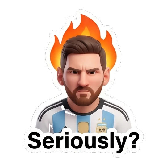 Messi looking angry with a fire effect above his head Messi Moods sticker for expressive chats and social replies.