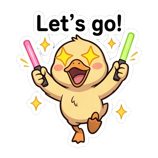 Excited duckling holding two glow sticks Cheerful Little Duckling sticker for expressive chats and social replies.