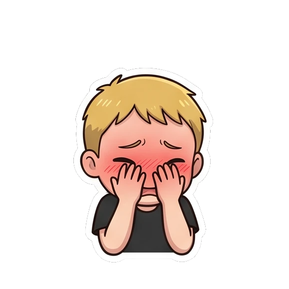 Blonde boy feeling embarrassed with a blushing face and hands covering eyes Blonde Boy Daily Expressions sticker for expressive chats and social replies.